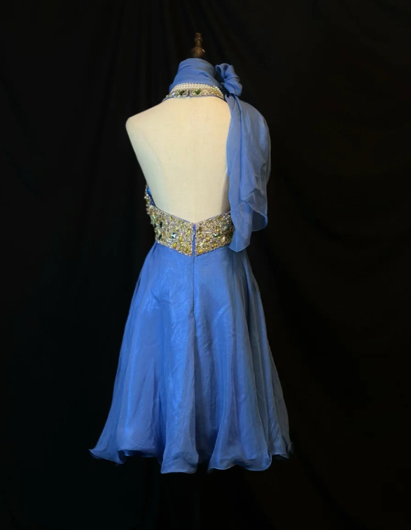 Vintage Blue Halter Beaded A-Line Mini Party Dress Homecoming Dress Cocktail Dress - View 3 | FashionDia