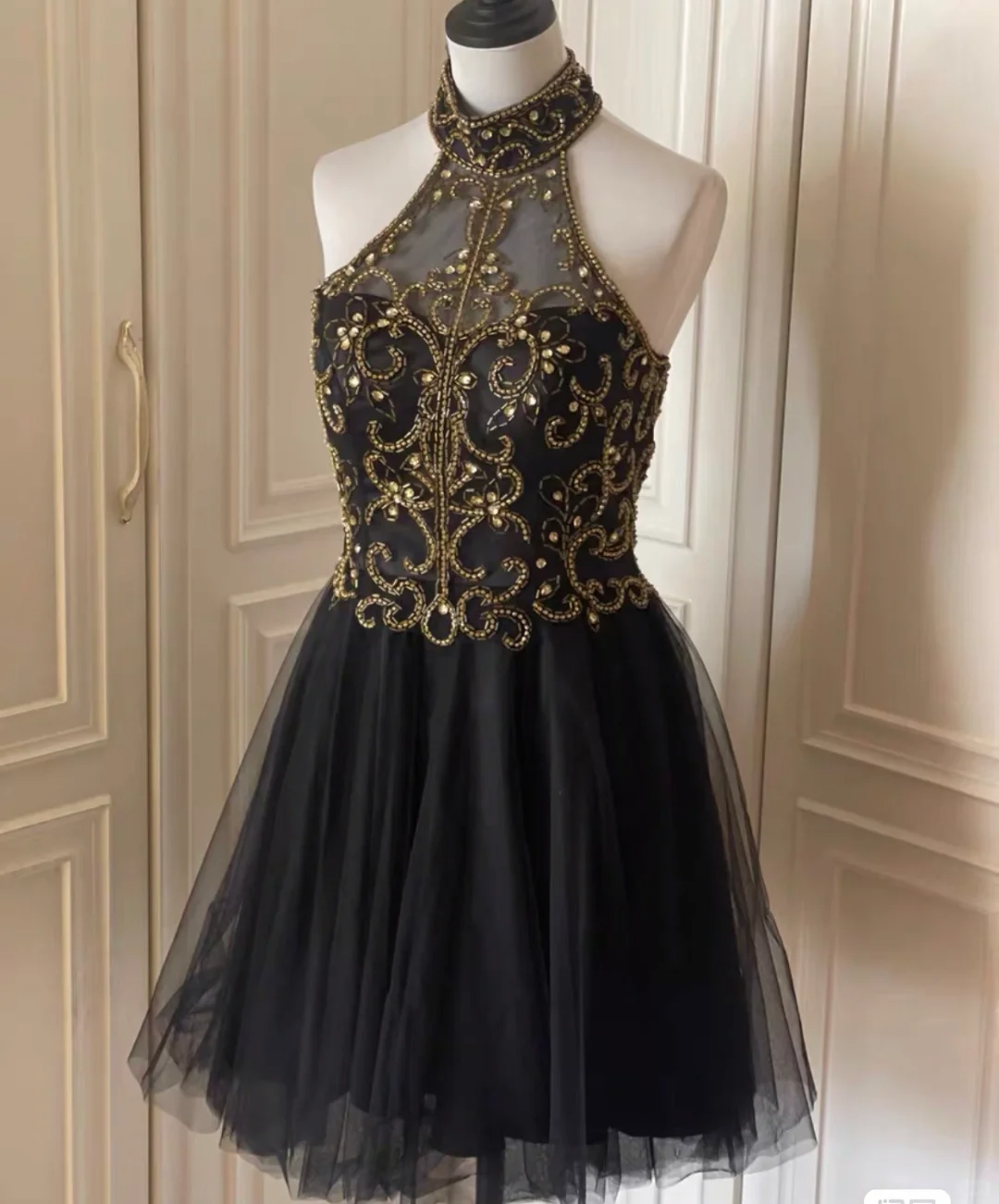 Stylish Halter Tulle Beaded A-Line Homecoming Dress Black Sleeveless Birthday Dress Cocktail Dress - View 2 | FashionDia