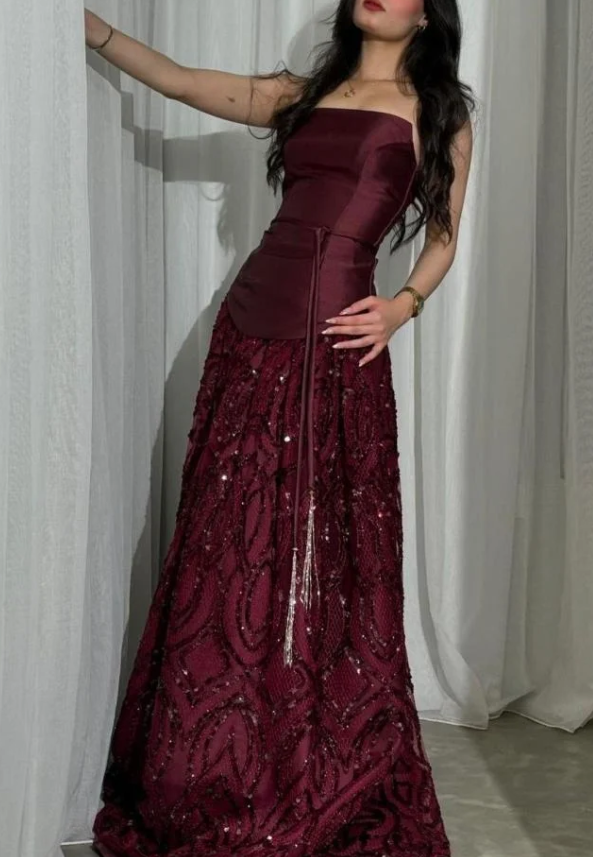 Vintage Burgundy Satin Sequin Evening Dress Formal Prom Dress - View 3 | FashionDia