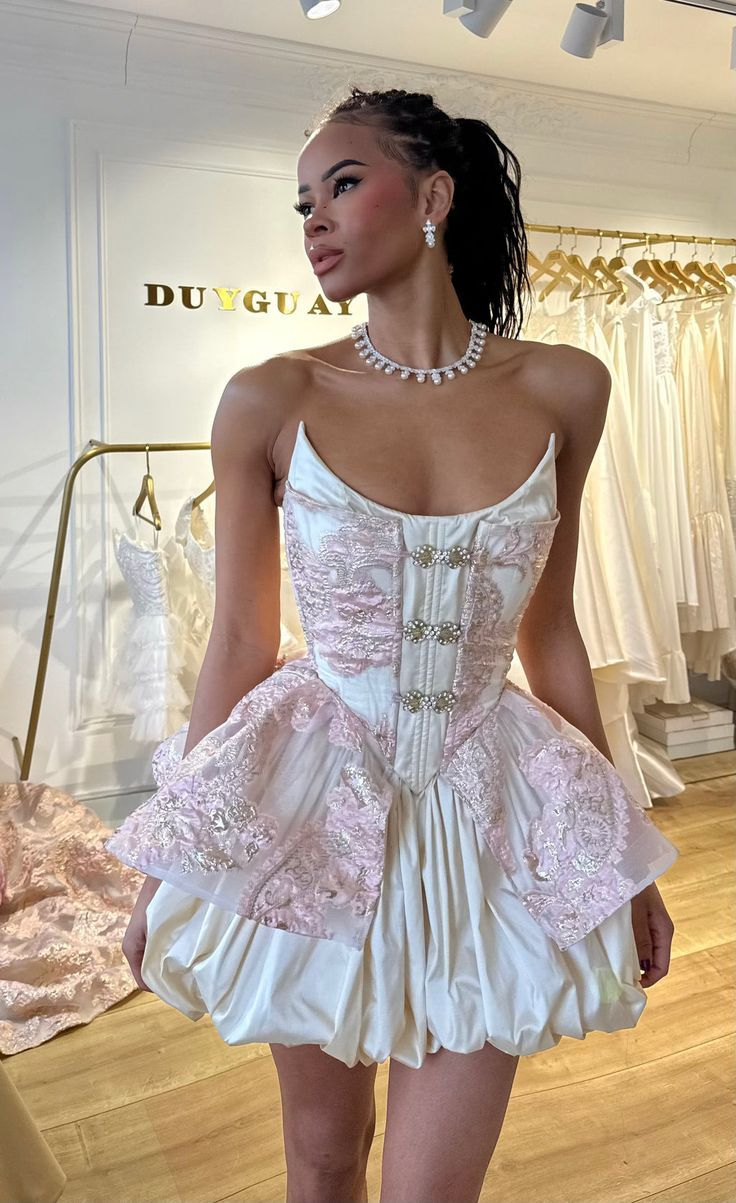 Gorgeous Strapless Satin Lace A-Line Short Party Dress Formal Homecoming Dress Birthday Dress - FashionDia