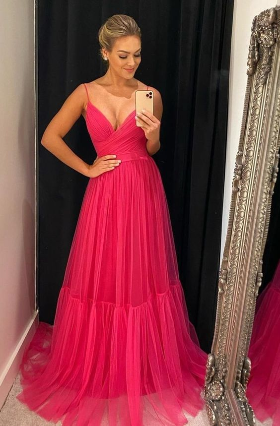 Hot Pink Tulle Prom Dresses Long Evening Gowns - FashionDia