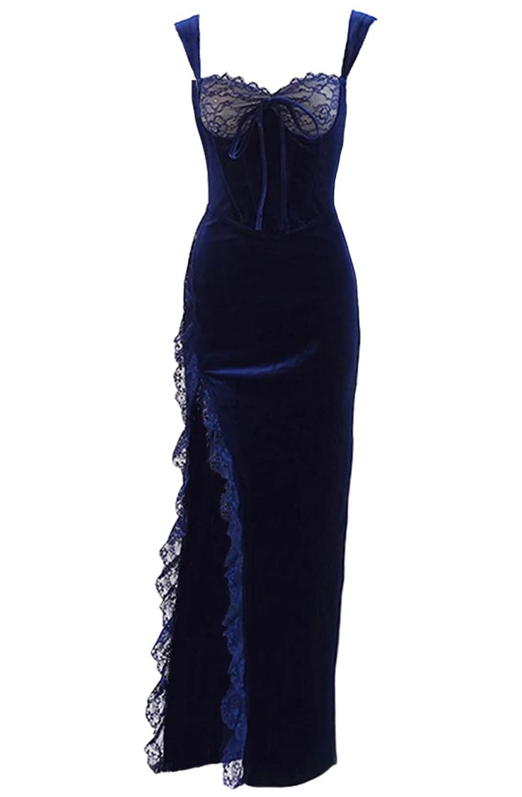 Sexy Blue Velvet Lace Slit Party Dress Sheath Prom Evening Gown - View 2 | FashionDia