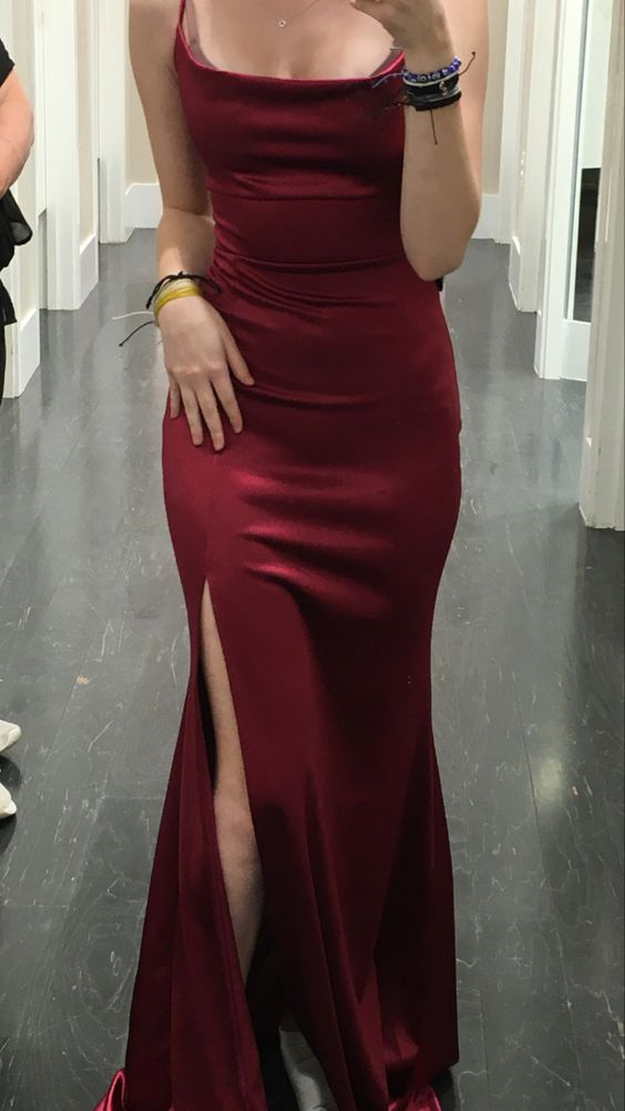 Modest Mermaid Burgundy Prom Dresses With Slit,Graduation Dress