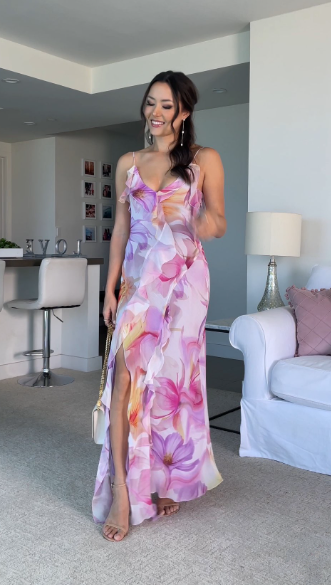 Beautiful Ruffle Graphic Floral Print Low Backless Long Prom Dress Slit Party Evening Dress Y8099 - View 3 | VelvetHem