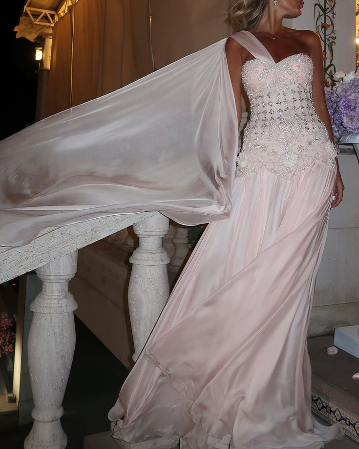 Pretty Pink One Shoulder Chiffon Beaded Appliques Long Party Dress Evening Dress