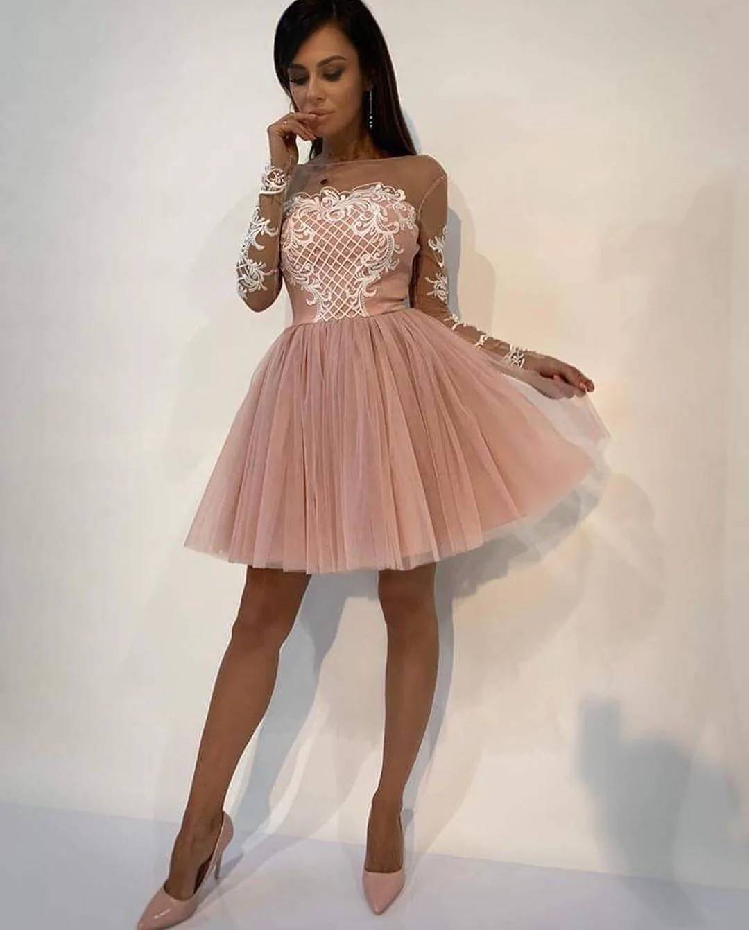 A-Line Scoop Pink Lace Short Prom Dress Long Sleeve Homecoming Dress - View 3 | FashionDia