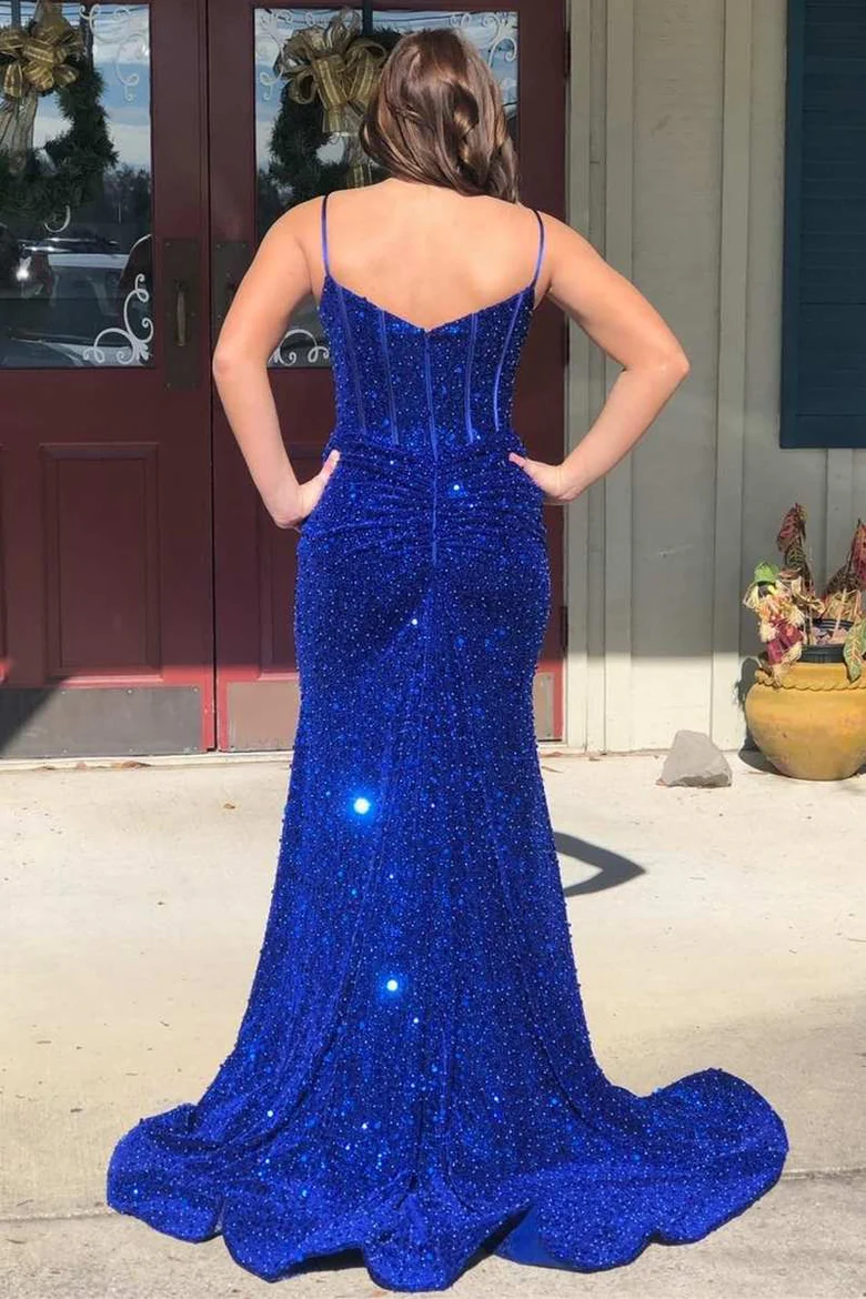 Royal Blue Sequin Split Neck Mermaid Long Prom Dress - FashionDia