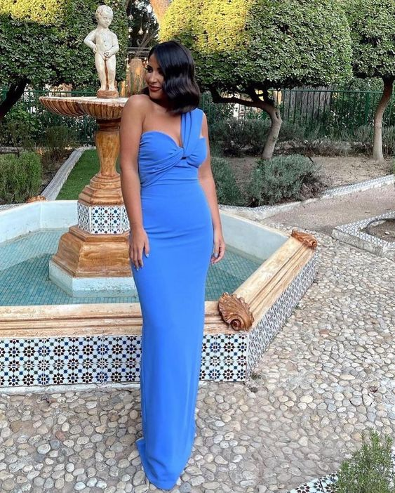 Charming One Shoulder Blue Sheath Evening Dress