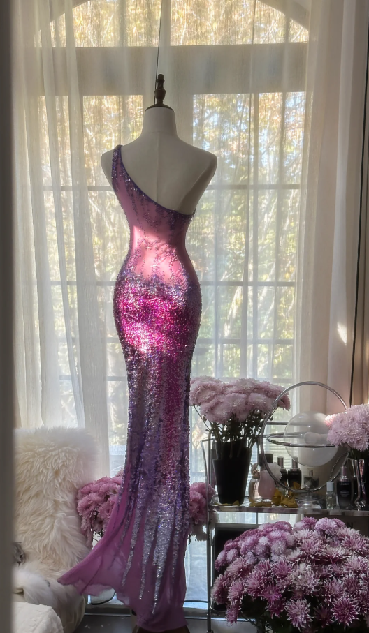 Glamorous Ombre Purple One-Shoulder Chiffon Sequin Beaded Mermaid Long Evening Dress Birthday Party Dress - View 3 | FashionDia