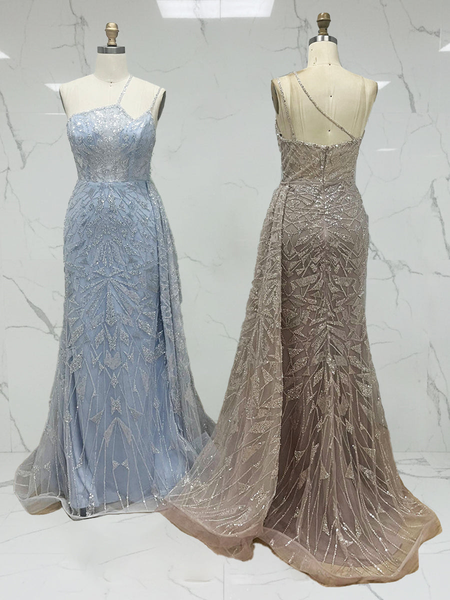 Ice Blue Geometric Beaded Prom Dress with Tulle Overskirt