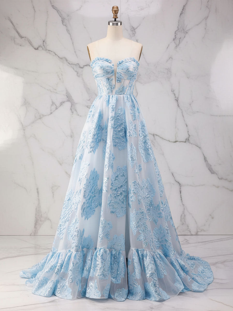 Blue Strapless Textured Corset A-Line Prom Dress