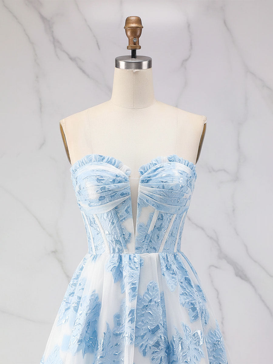 Blue Strapless Textured Corset A-Line Prom Dress