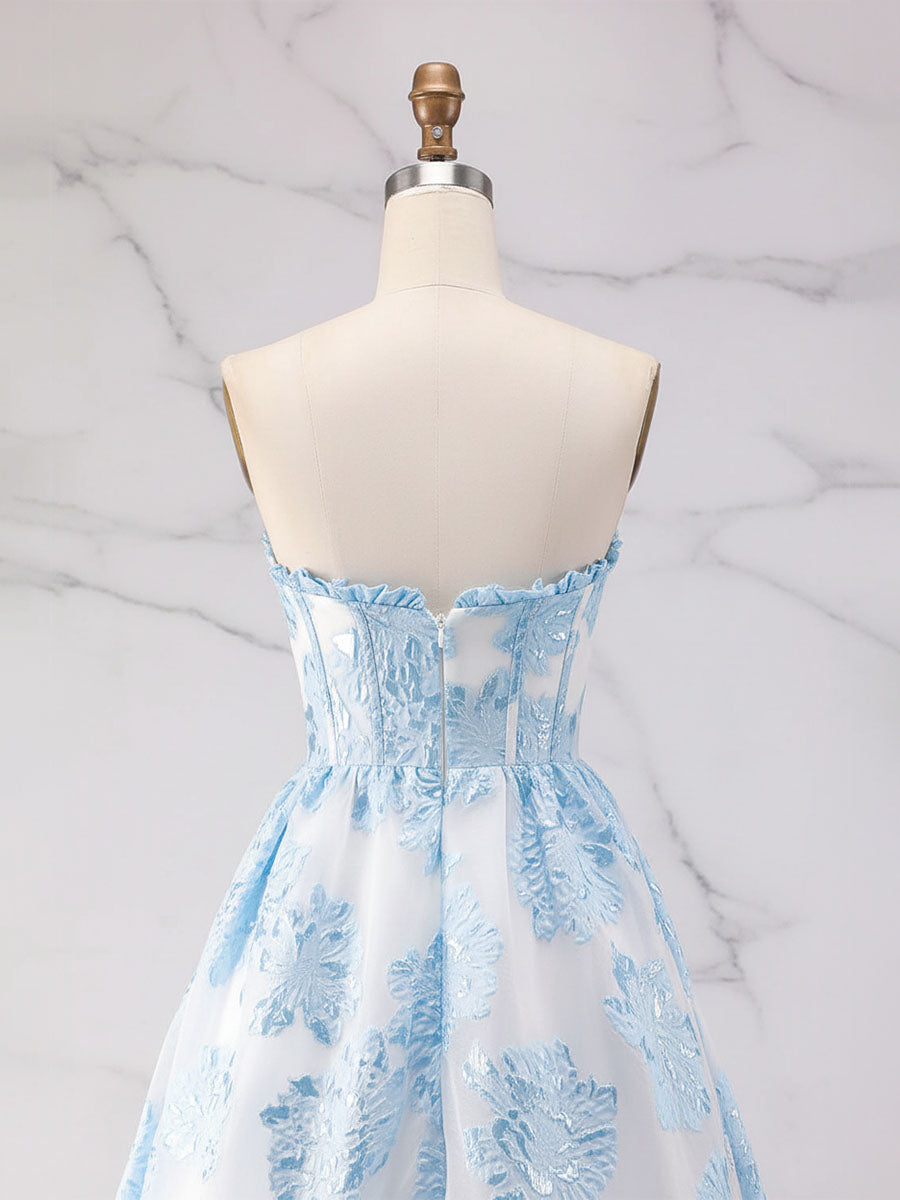 Blue Strapless Textured Corset A-Line Prom Dress