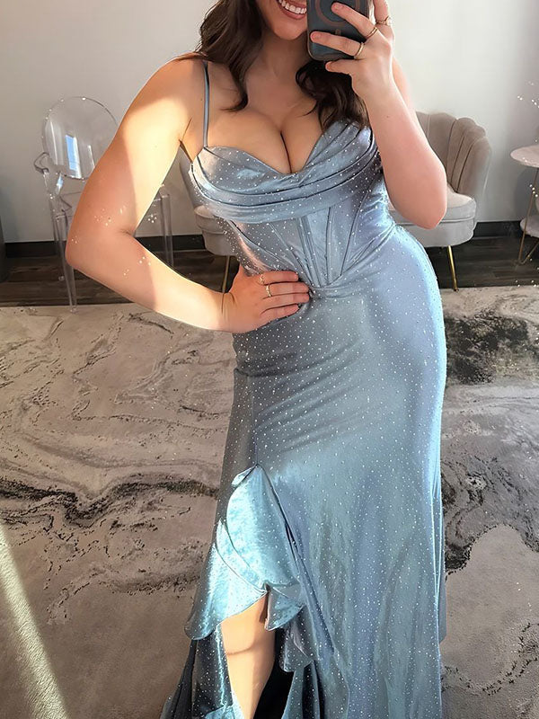 Icy Blue Cowl Neck Sequin Corset Prom Dress with Ruffled Slit - View 4 | FashionDia