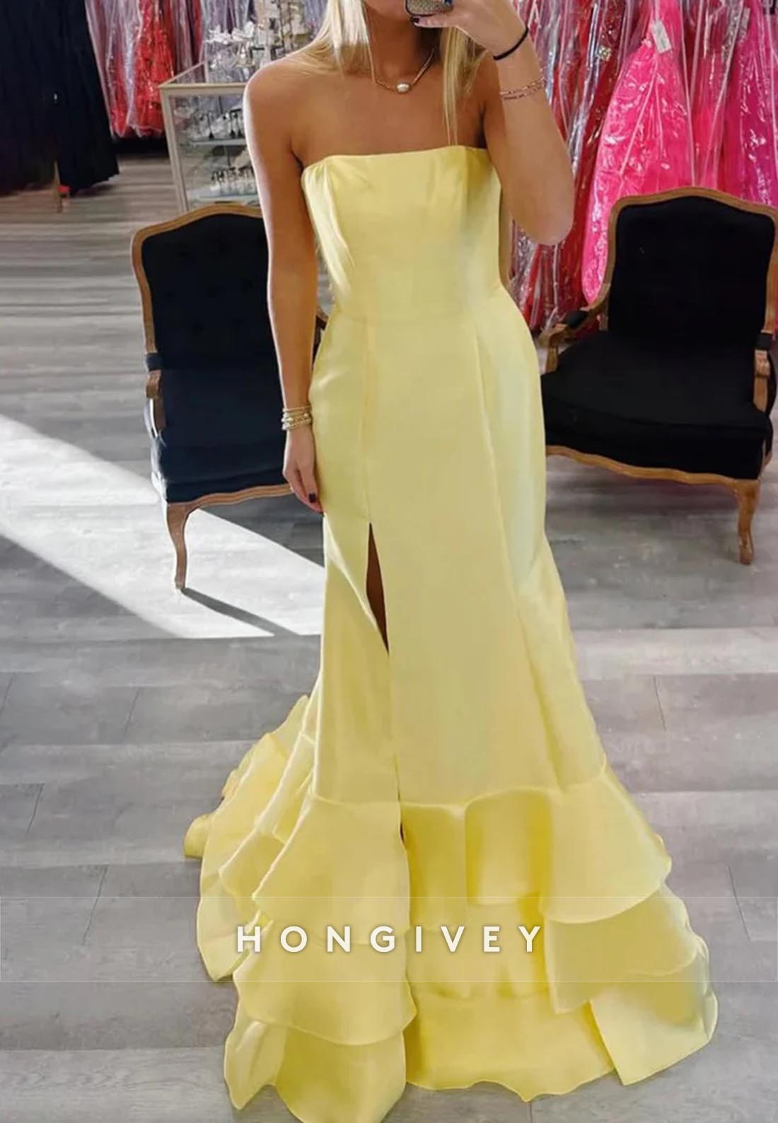 Tube Top Slit Tiered Mermaid Long Prom Dresses with Brush Train