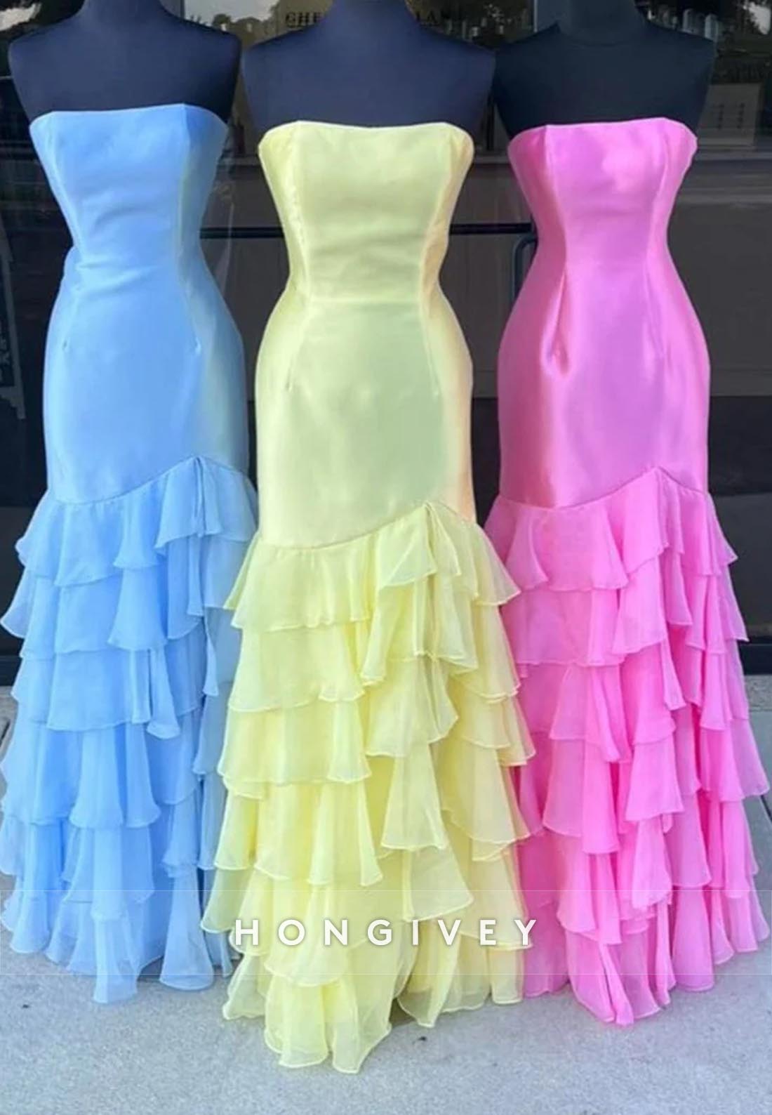 Tube Top Slit Tiered Mermaid Long Prom Dresses with Brush Train