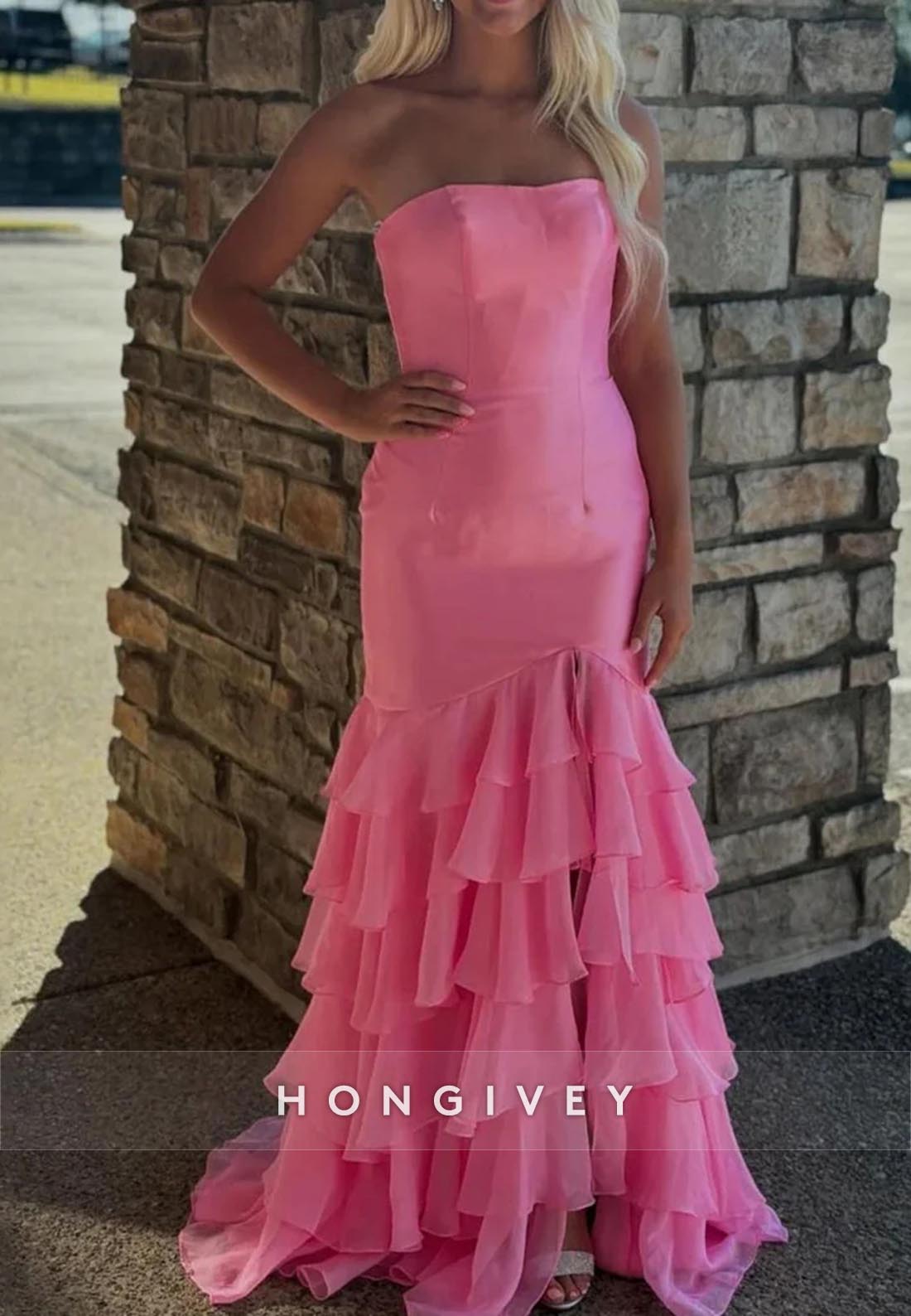 Tube Top Slit Tiered Mermaid Long Prom Dresses with Brush Train
