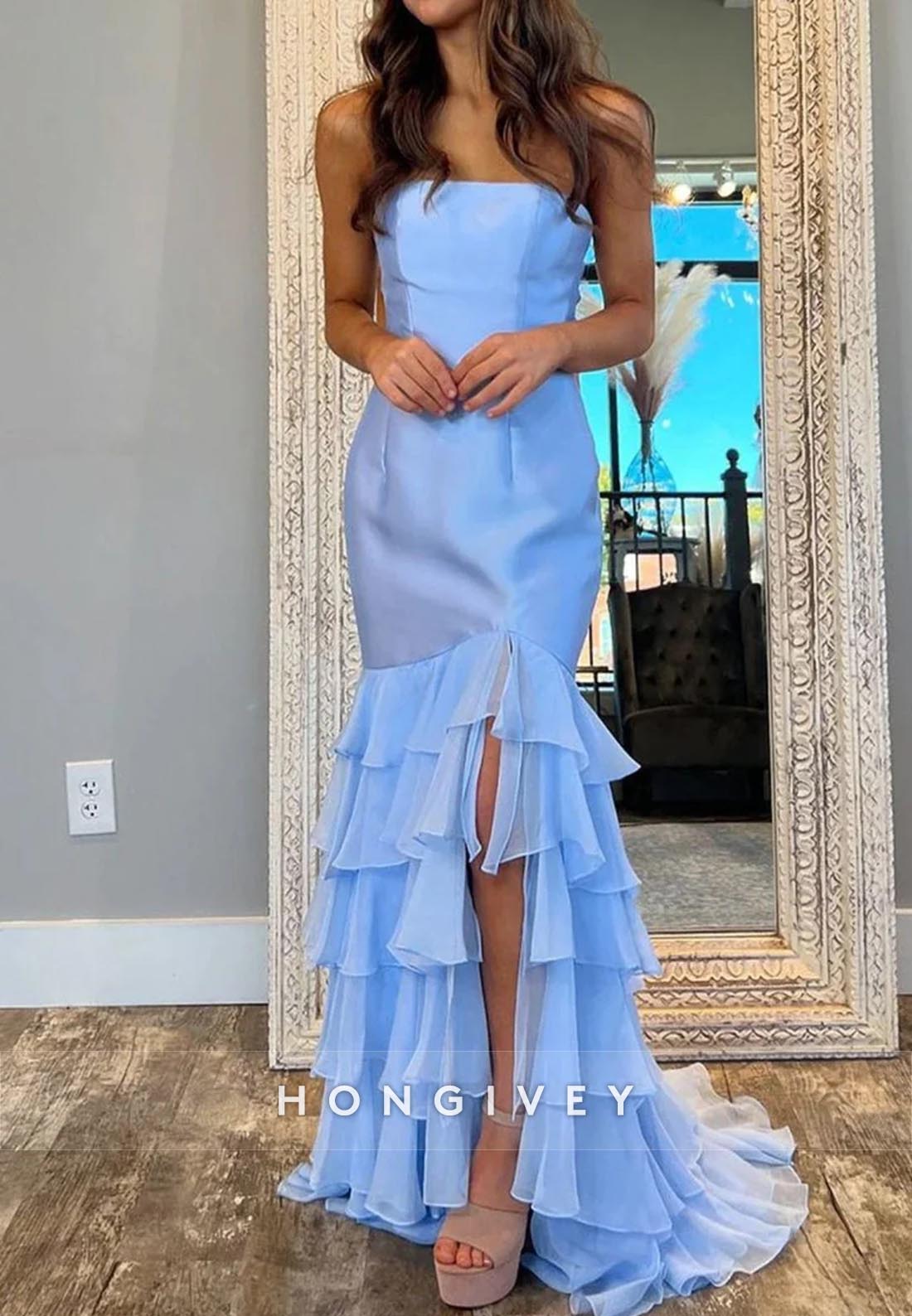 Tube Top Slit Tiered Mermaid Long Prom Dresses with Brush Train