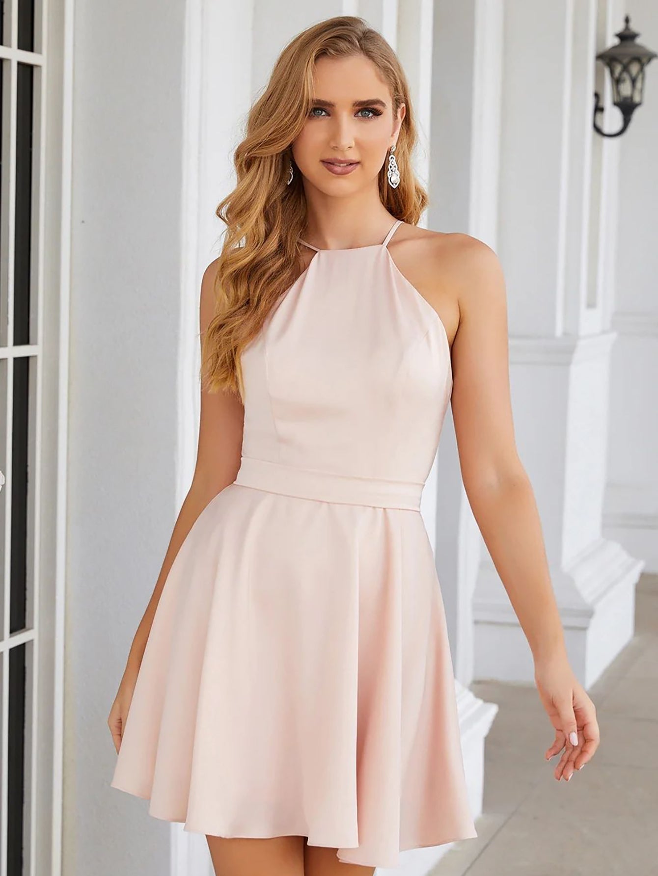 Pink Halter A Line Short Graduation Homecoming Party Dress - Fashionpara