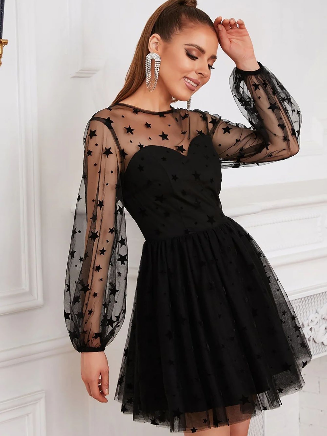 Long Sleeves Tulle Little Black A Line Short Graduation Party Dress - Fashionpara