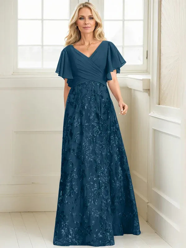 A-line V-Neck Floor-Length Lace Sequin Chiffon Mother of the Bride Dress With Pleated - View 15 | FashionDia