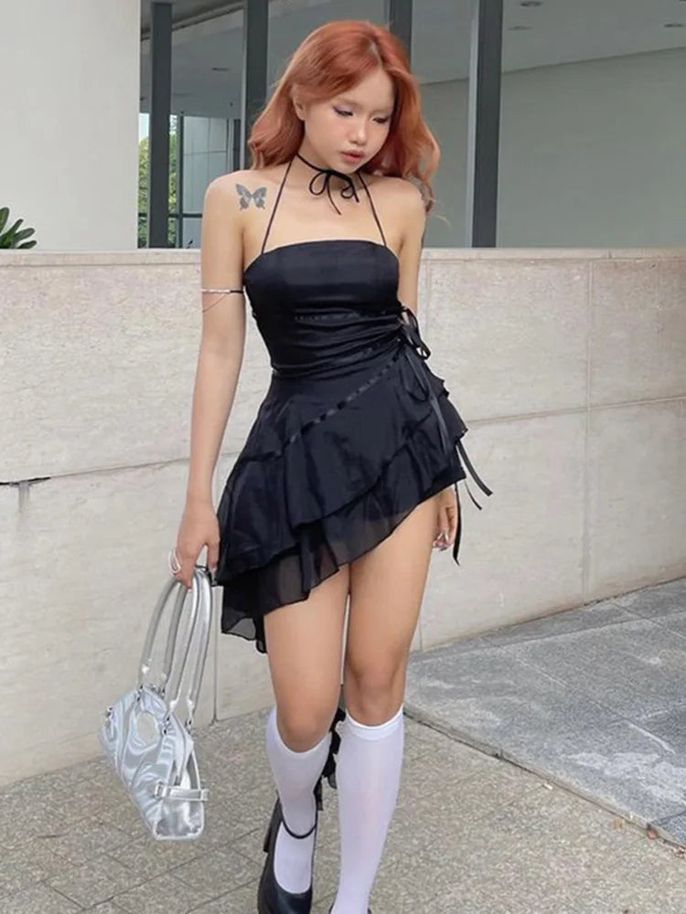 Sleeveless Halter Neck Strapless Ruffle Cap ALine Pleated Hem Swing Tube Top Dress
