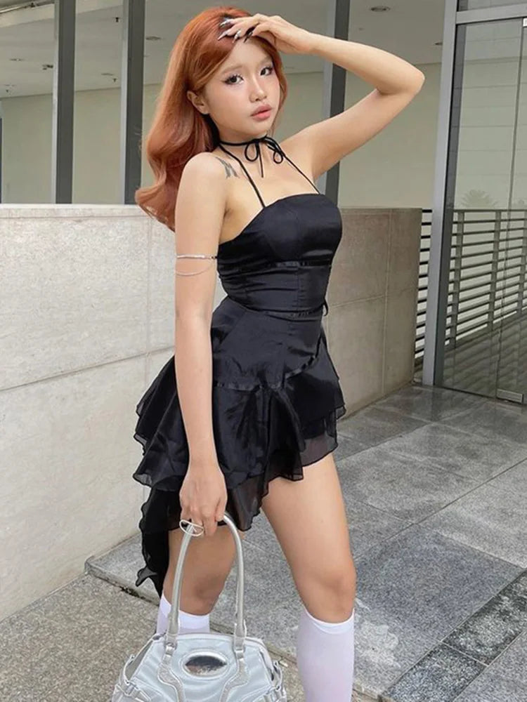 Sleeveless Halter Neck Strapless Ruffle Cap ALine Pleated Hem Swing Tube Top Dress