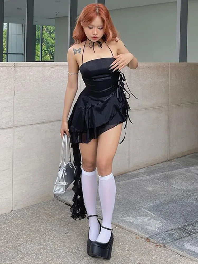 Sleeveless Halter Neck Strapless Ruffle Cap ALine Pleated Hem Swing Tube Top Dress