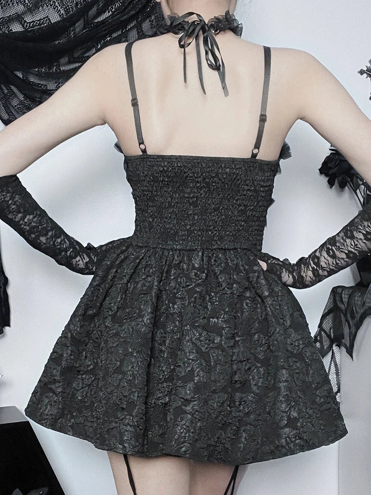 Corset ALine Mini Black Rose Print Lace Patchwork Shirring Backless Slip Nightclub Dress