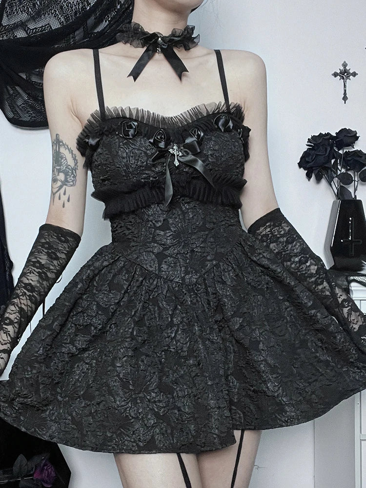 Corset ALine Mini Black Rose Print Lace Patchwork Shirring Backless Slip Nightclub Dress