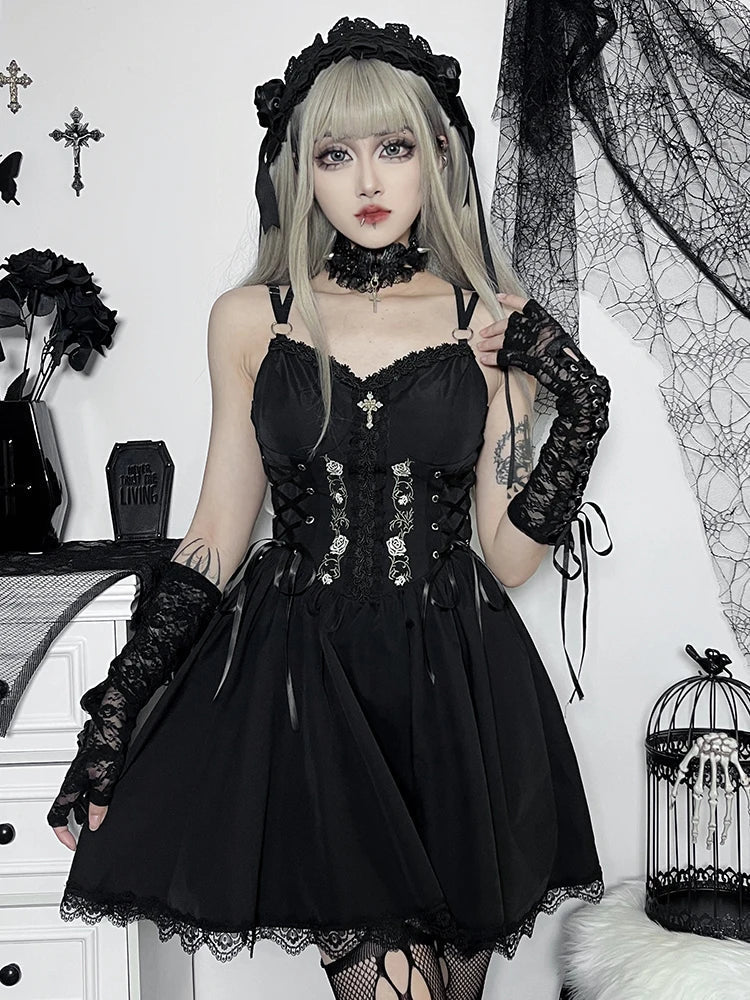 Gothic A Line Pleated Hem Harajuku Lolita Lace Trim Summer Dress