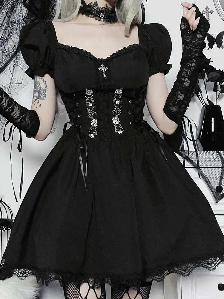 A-Line Pleated Hem Swing Harajuku Summer Lolita Lace Trim Y2K Retro Grunge Streetwear Dress - View 4 | VelvetHem