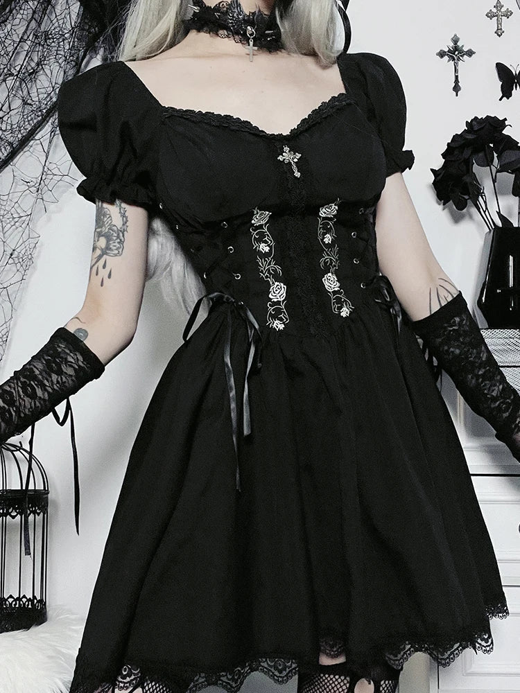 A-Line Pleated Hem Swing Harajuku Summer Lolita Lace Trim Y2K Retro Grunge Streetwear Dress - View 6 | VelvetHem