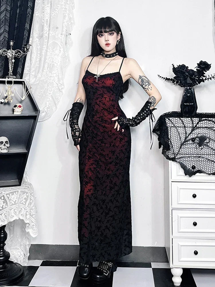 Floral Flocking Sleeveless Lolita Fairy Vintage Witchy Camisole Grunge Harajuku Dress - View 6 | VelvetHem
