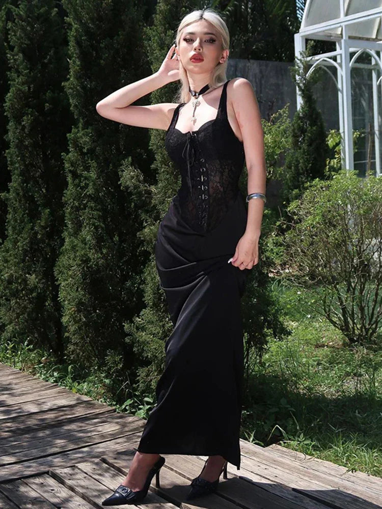 Lace Patchwork Strappy Backless See Through Sleeveless Spaghetti Strap Party Dress
