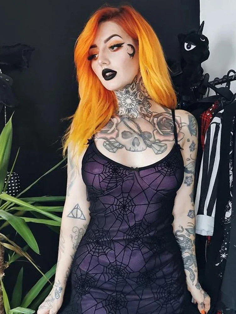 Gothic Lace Stretch Spaghetti Strap Spider Web Print Contrast Lace Cami Grunge Dress - View 2 | VelvetHem