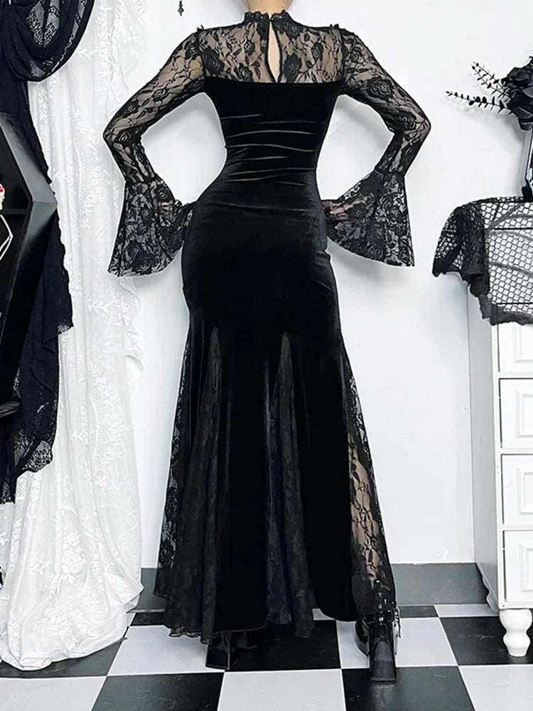 Gothic Long Sleeve Lace Ruched Fishtail Bodycon Mermaid Cocktail Maxi Dress - View 6 | VelvetHem