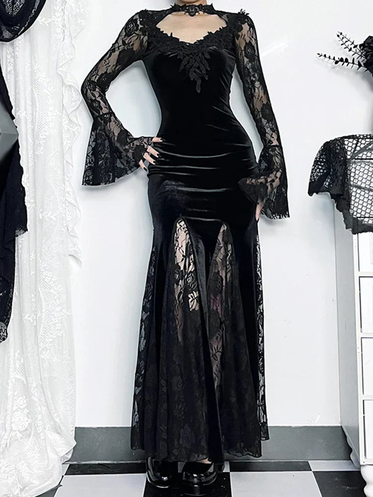 Gothic Long Sleeve Lace Ruched Fishtail Bodycon Mermaid Cocktail Maxi Dress - View 3 | VelvetHem