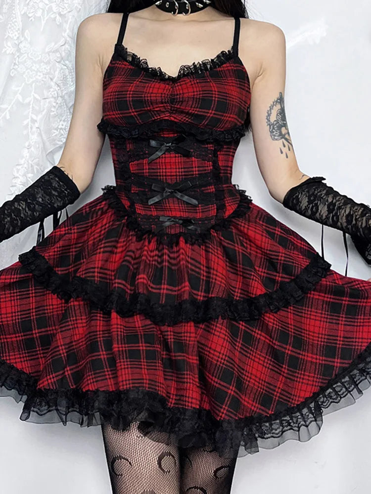 Grunge Gothic Plaid Black Emo Lace Up Backless Mini A Line Dress