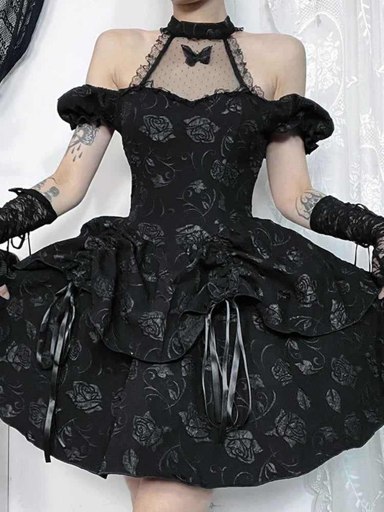 Sleeveless Halter Neck Bow Vintage Backless Cold Shoulder Print Lace Up ALine Swing Dress