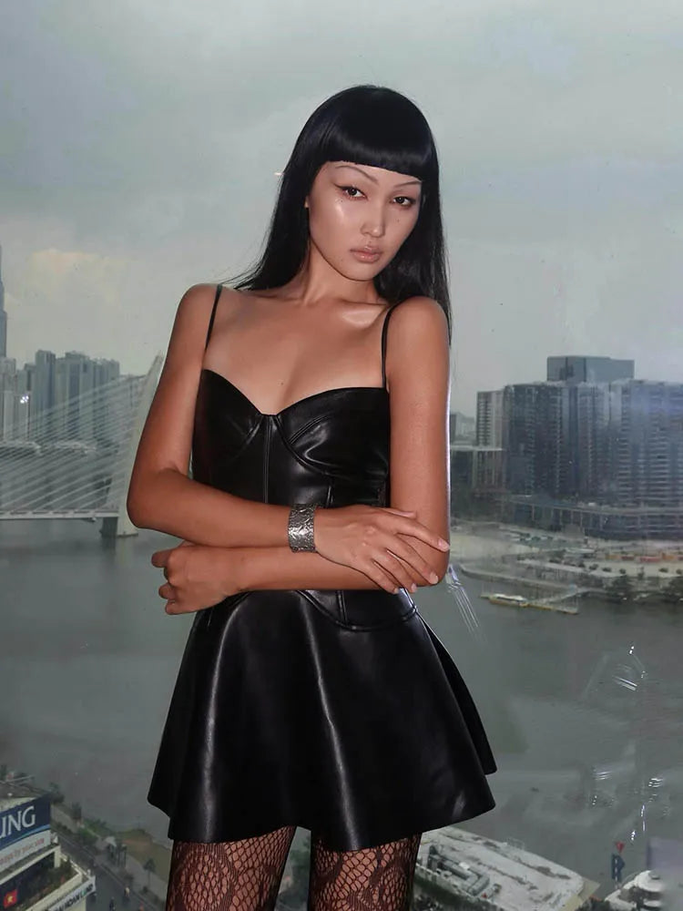 Spaghetti Strap Sweetheart Neckline ALine Faux Leather Mini Backless PU Dress
