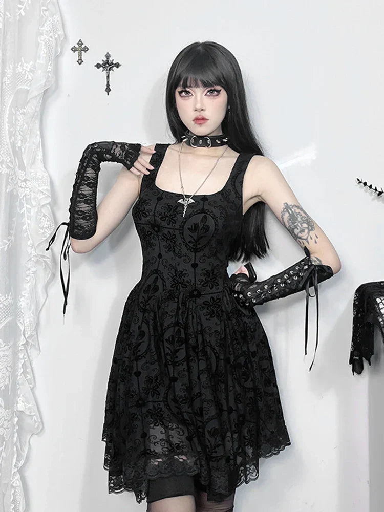 Gothic Vintage Lace Patchwork Sleeveless Draped Spaghetti Strap Bodycon Cami Dress