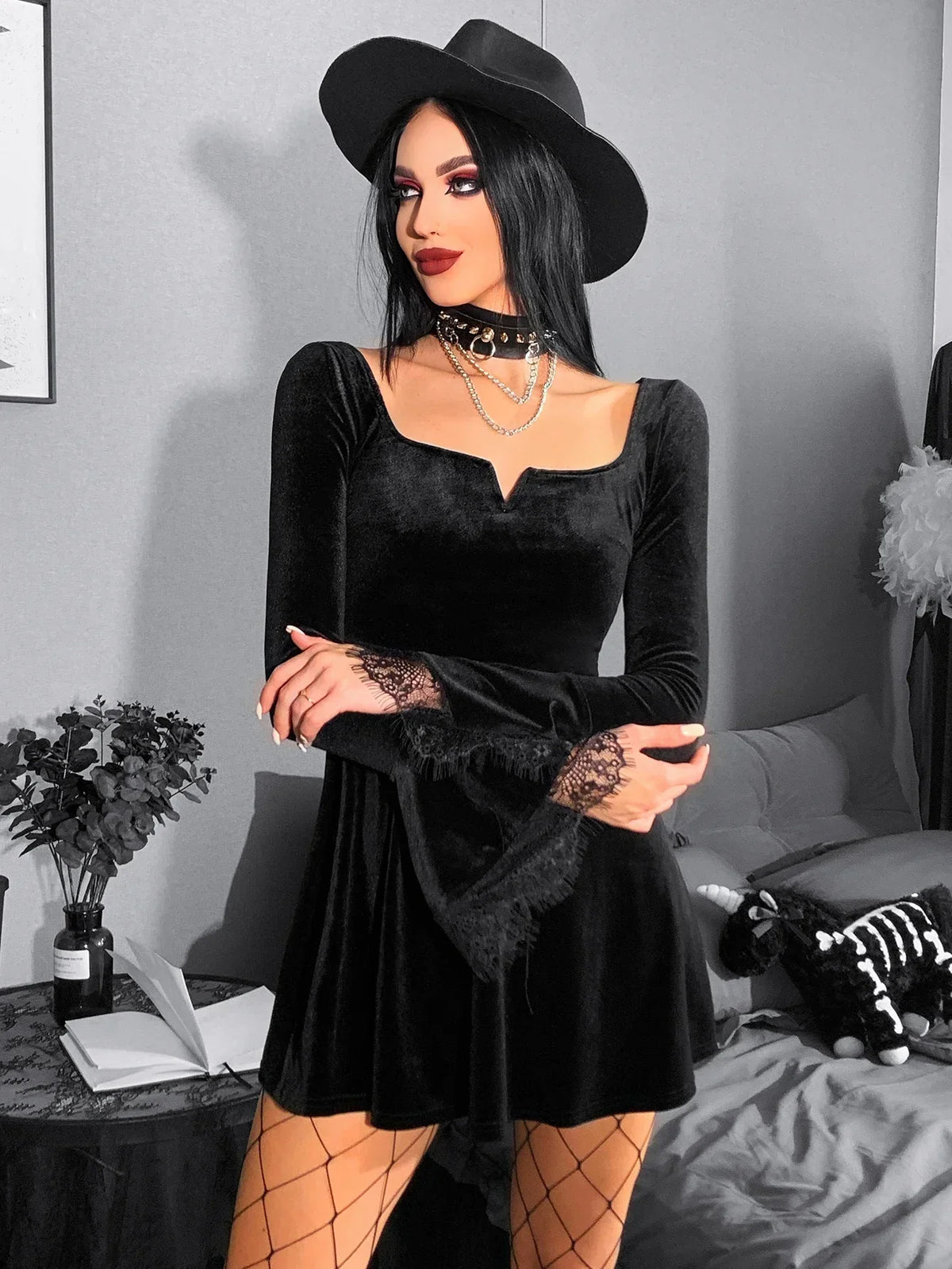 Y2K Harajuku High Waist A-Line Mini Punk Grunge Vintage Flare Sleeve Velvet Lolita Dress - View 2 | VelvetHem