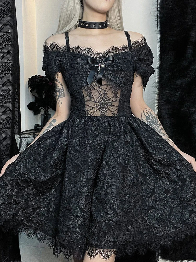 Mini Party Aesthetic One Shoulder Strap Lace Cutouts Elegant A-Line High Waist Prom Y2K Grunge Clubwear Dress - View 7 | VelvetHem