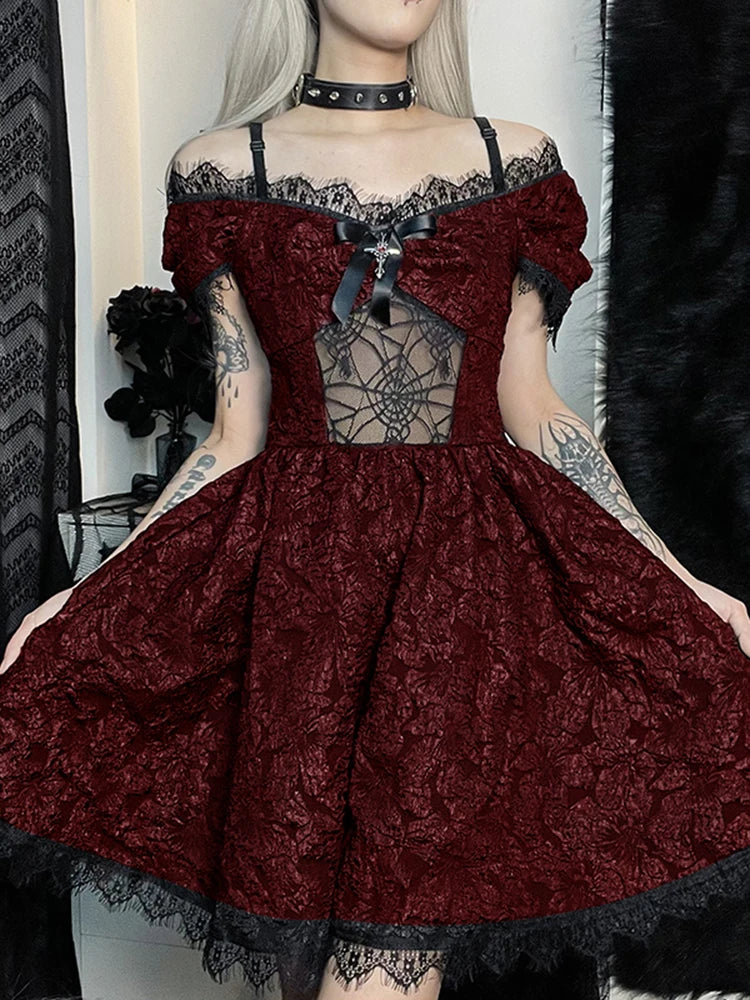 Mini Party Aesthetic One Shoulder Strap Lace Cutouts Elegant A-Line High Waist Prom Y2K Grunge Clubwear Dress - View 10 | VelvetHem