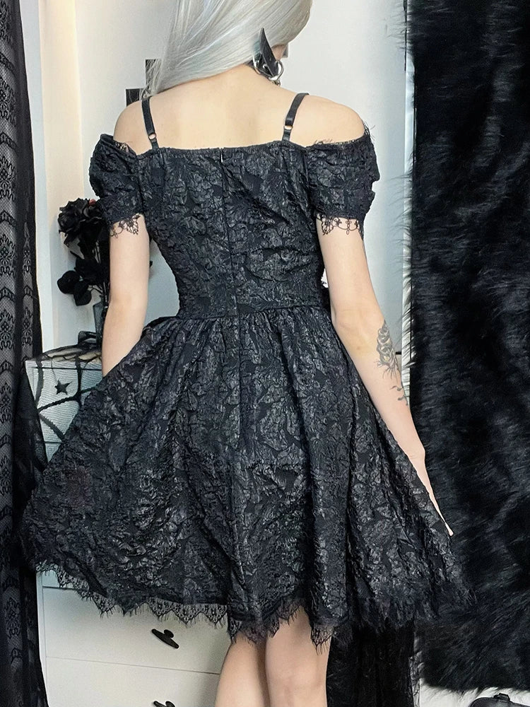 Mini Party Aesthetic One Shoulder Strap Lace Cutouts Elegant A-Line High Waist Prom Y2K Grunge Clubwear Dress - View 6 | VelvetHem