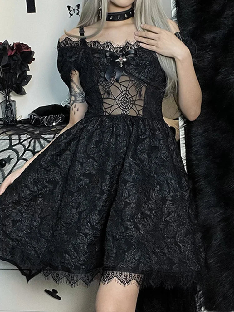 Mini Party Aesthetic One Shoulder Strap Lace Cutouts Elegant A-Line High Waist Prom Y2K Grunge Clubwear Dress - View 4 | VelvetHem