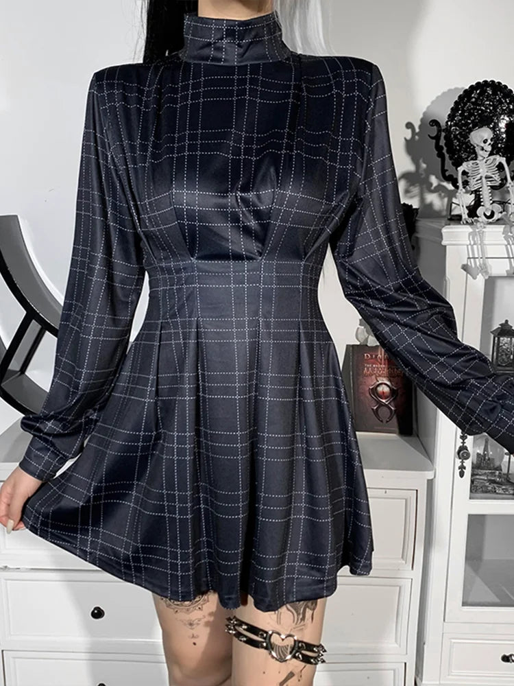 Gothic Plaid Winter Long Sleeve Turtleneck A Line Pleated Corset Dress