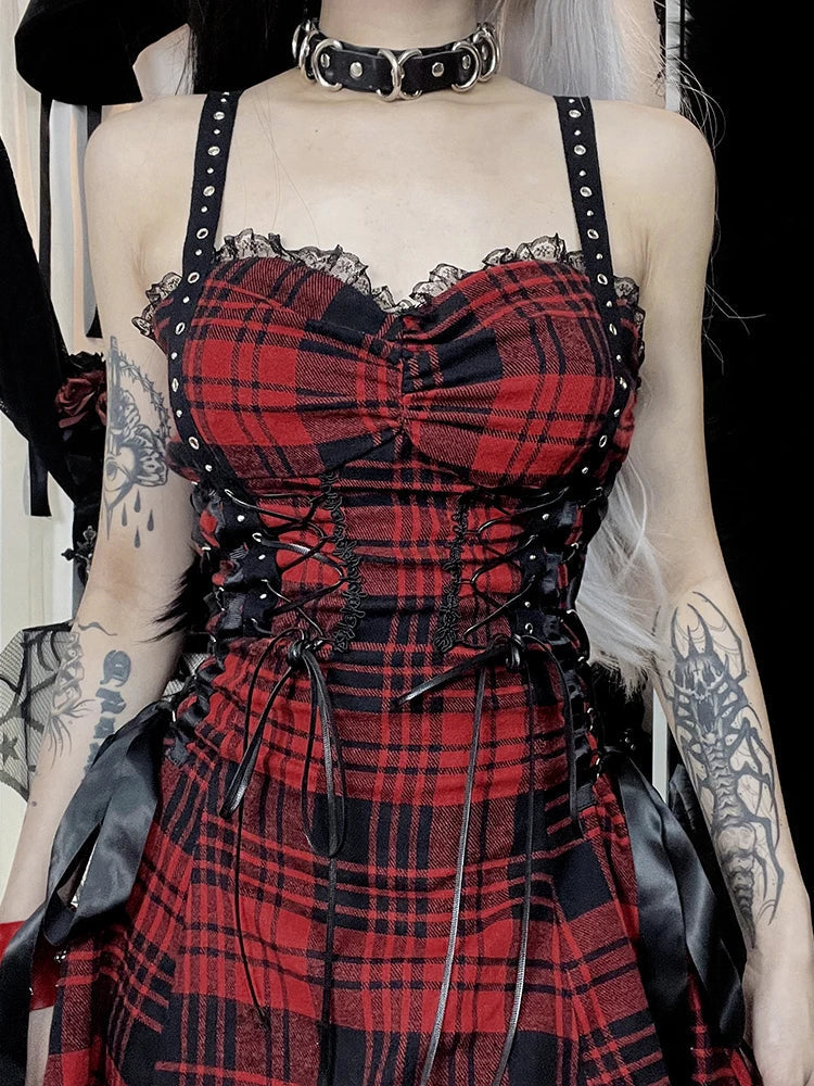 Red Plaid Street Goth Fairy Grunge Y2K Pleated Lace-Up Tube Lolita Eyelet Corset Mini Dress - View 5 | VelvetHem