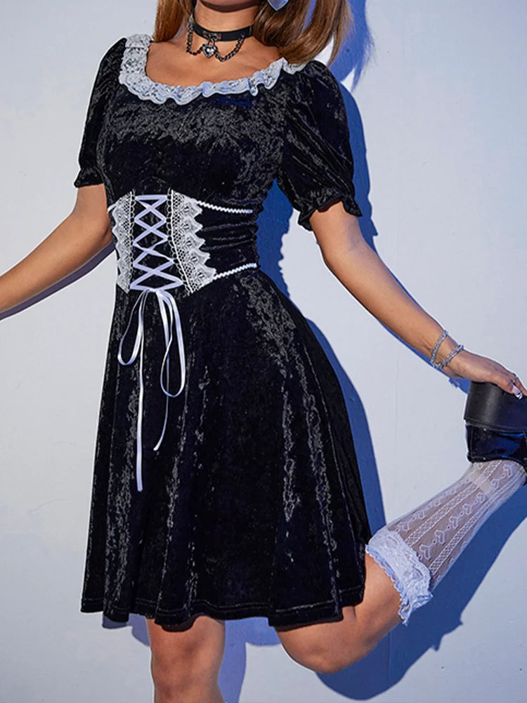 Black Velvet Harajuku Corset A Line Summer Fashion Party Dress